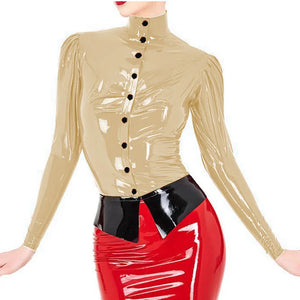 Elegant Wetlook PVC Leather Blouse Puff Full Sleeve Shirts with Button Snaps Skinny Ladies Tops S-7XL Multi-Color