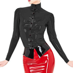 Elegant Wetlook PVC Leather Blouse Puff Full Sleeve Shirts with Button Snaps Skinny Ladies Tops S-7XL Multi-Color