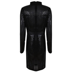 Women's Fashion Turtleneck Long Sleeve Mini Dress with Black PU and Striped Mesh Patchwork