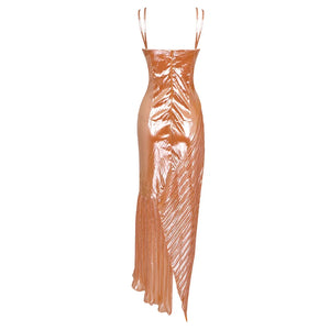 Bronze Pleated High-Slit Dress with Metallic Detail and Fringe Hem