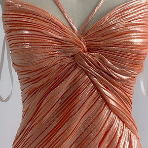 Bronze Pleated High-Slit Dress with Metallic Detail and Fringe Hem
