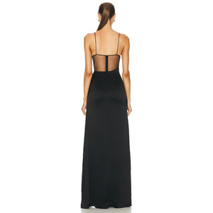 Black Sheer Bodice Evening Dress with Crystal Embellishment and High Slit
