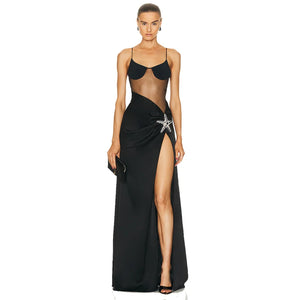 Black Sheer Bodice Evening Dress with Crystal Embellishment and High Slit