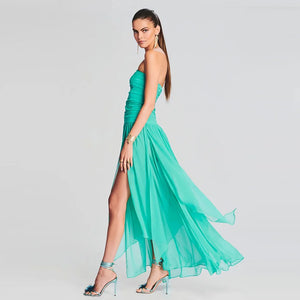 Elegant Teal Tube Top Dress with Backless Design and Asymmetrical Hem Split