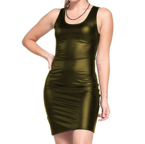 Wetlook PU Leather Tank Mini Dress Sleeveless Deep U Neck Bodycon High Street Club Party Dress with Multi-Color Options