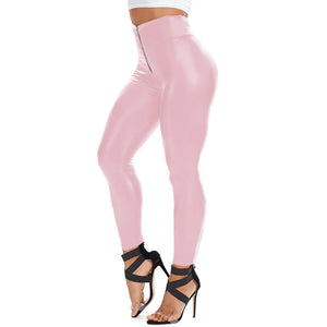 Women's High Waist Faux Leather Leggings with Front Zipper Slim Fit Multi-Color PU Skinny Pants