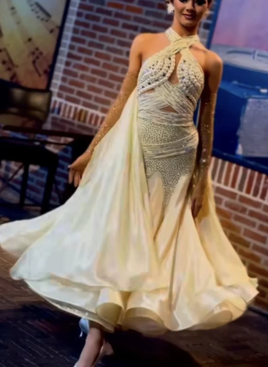 Ballroom Dance Dress Women's Ivory Halter Neck Rhinestone & Pearl Embellished Satin Gown with Mesh Sleeves