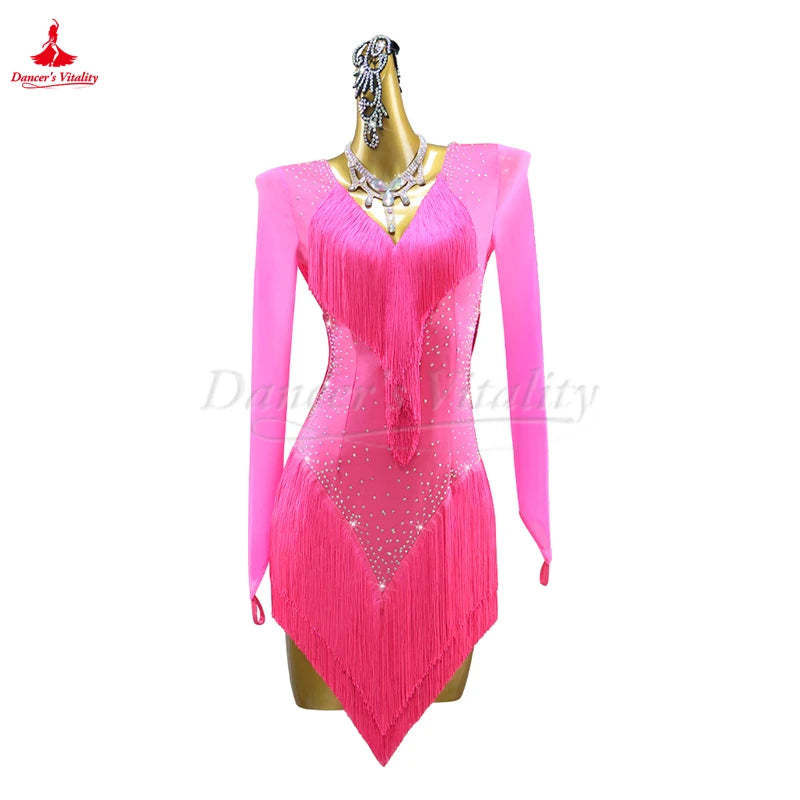 Latin Ballroom Dance Costume With Tassel And Long Sleeves For Adults And Kids Competition