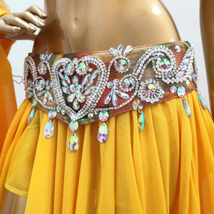 Belly Dance Costume Women's Yellow Sequin & Bead Embellished Chiffon Bra Top and Slit Skirt Set