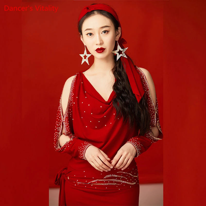 Women's Blue Rhinestone Cold Shoulder Long Sleeve Cowl Neck Slit Skirt Belly Dance Dress