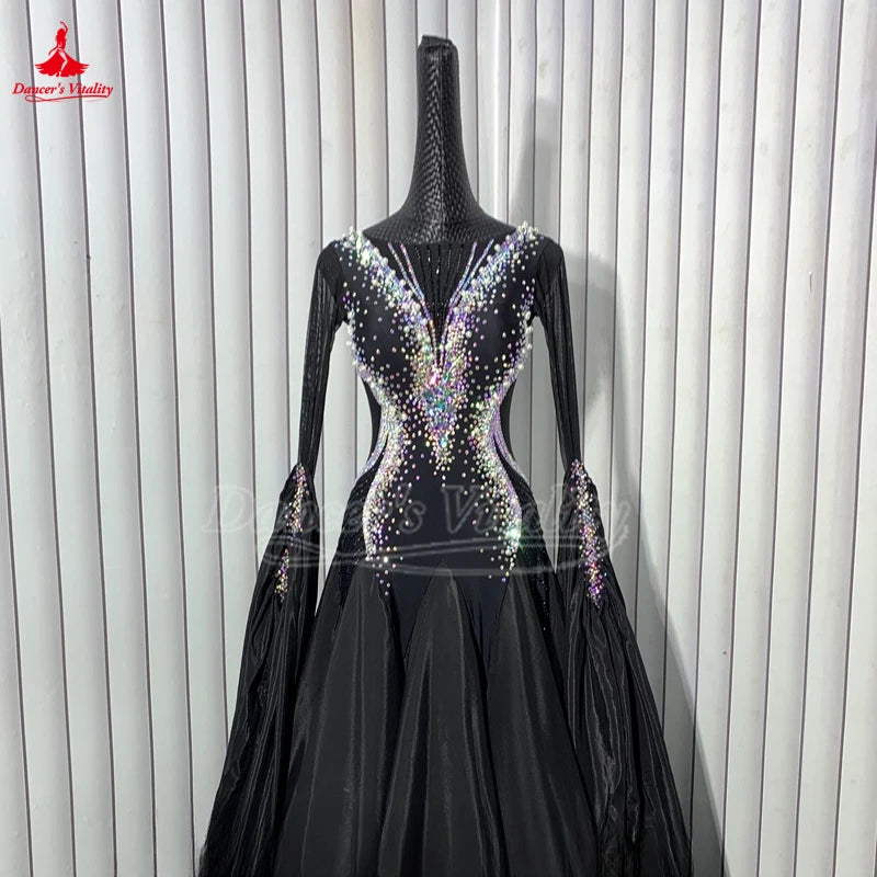 High-end Custom Adult Luxury AB Stone Ballroom Dance Competition Clothe Viennese Waltz Black Long Sleeve Perform Big Swing Skirt