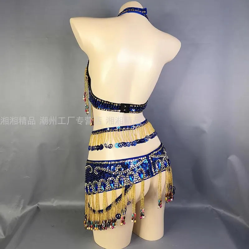 Belly Dance Costume Women's Blue Sequin Beaded Fringe Halter Top and Hip Scarf Set for Eastern Dance Performance