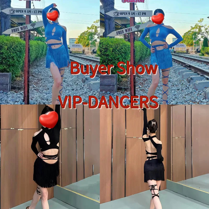 Women's Black Cold Shoulder Fringe Latin Dance Dress with Criss-Cross Cut-Outs