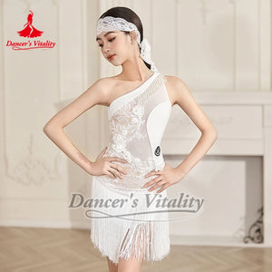 Latin Dance Dress, Girls Black One Shoulder Lace Fringe Velvet Ballroom Competition Costume