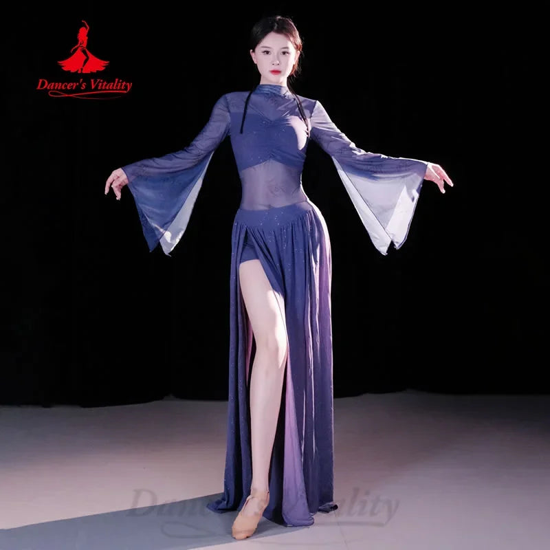 Women's Belly Dance Two-Piece Practice Set With Long-Sleeve Top And Long Tassel Skirt For Training