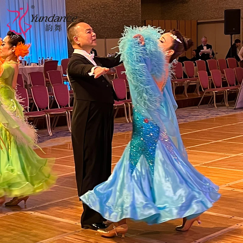 Women's Custom Ballroom Dance Competition Dress With Feather Trim In Stretch Fabric
