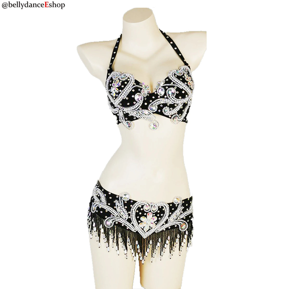 Belly Dance Bra and Belt Set, Women's White Embellished Sequin and Bead Halter Top and Fringe Hip Scarf, Professional Performance Costume