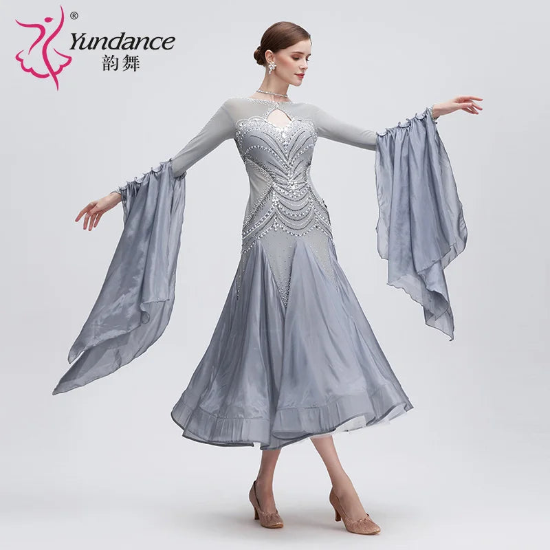 Women's Standard Ballroom Dance Dress In Gray Chiffon For Competition