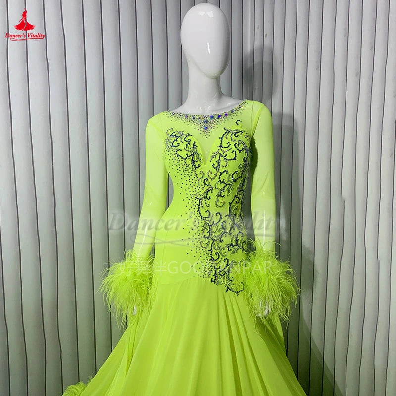 Ballroom Dance Dress Women's Neon Green Feathered Embellished Long Sleeve Standard Smooth Dress