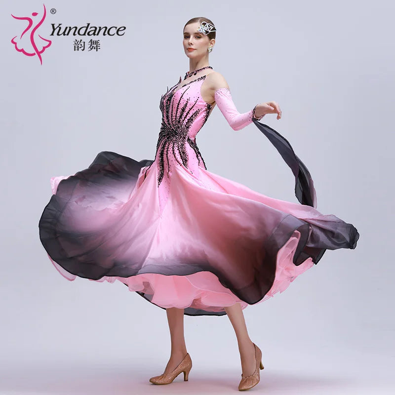 Women's Custom Standard Ballroom Dance Dress With Ombre Silk And Pearl Embellishments For Competition