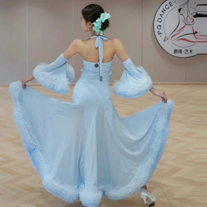 Women's Pink and Blue Halter Neck Ruffle Trim Ballroom Dance Dress