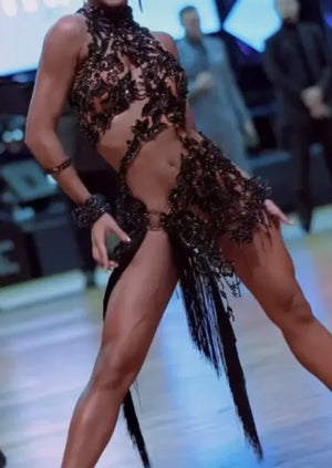 Women's Black Beaded Fringe Latin Dance Dress with Halter Neck and Cutouts
