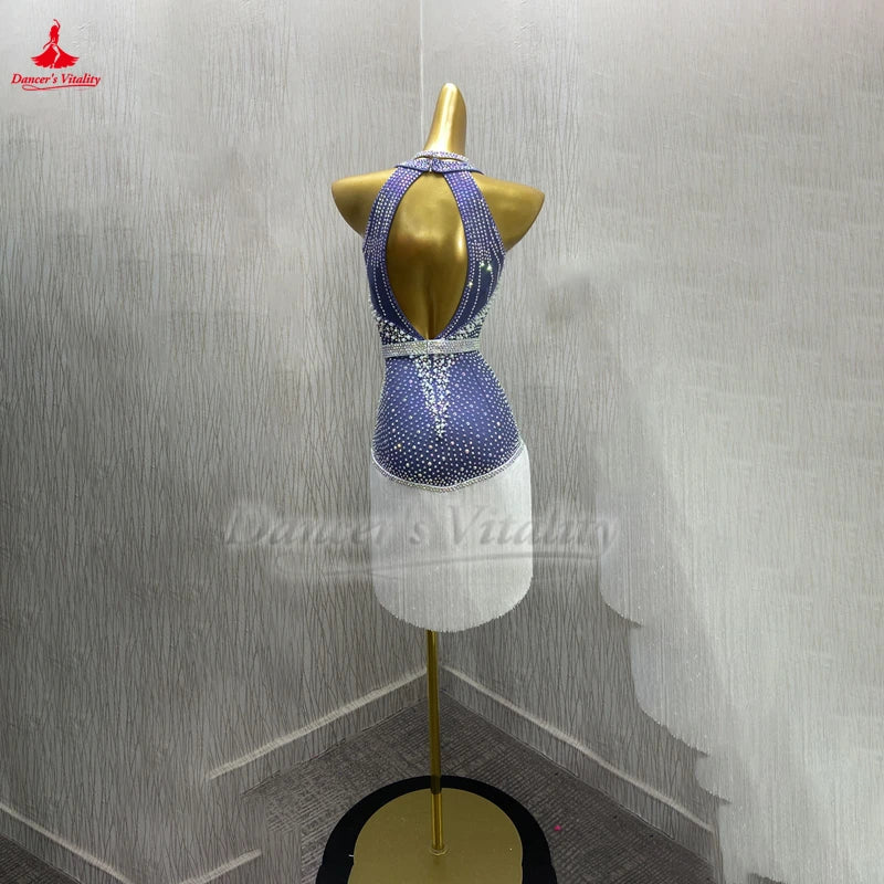 Adult Latin Ballroom Dance Dress With AB Rhinestones And Tassels For Competition