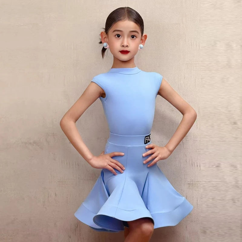 Girls Latin Dance Dress Red, Green, Black, Blue Sleeveless with Ruffled Skirt