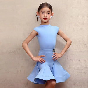 Girls Latin Dance Dress Red, Green, Black, Blue Sleeveless with Ruffled Skirt