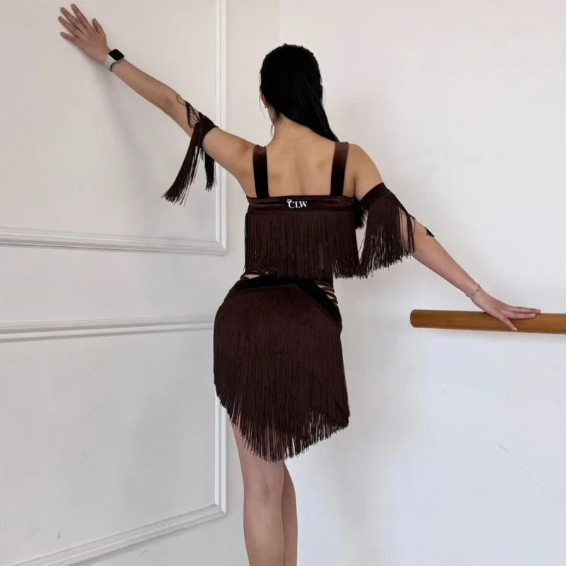 Latin Dance Women's Brown Fringe Two-Piece Set with Armbands