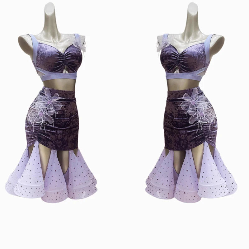 Women's Black Lace Velvet Mesh Latin Ballroom Dance Crop Top and Skirt Set with Slit Hem, Floral Applique