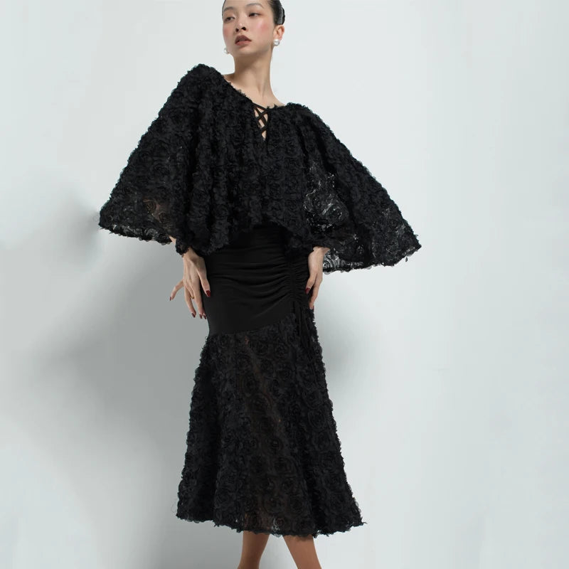 Women's Black Ruffled V-Neck Top and Ruched Ruffle Hem Skirt Latin Dance Dress