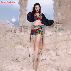 Women's Green Floral Chiffon Mesh Long Sleeve Belly Dance Set