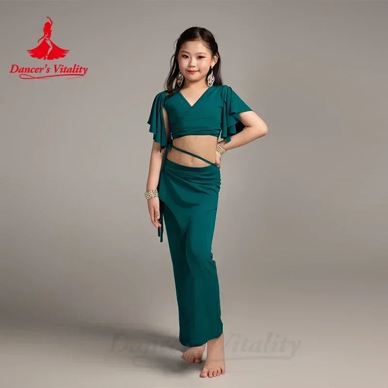 Kids Girls Royal Blue Wrap Top and Asymmetrical Skirted Pants Belly Dance Costume Set