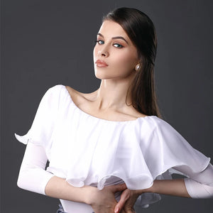 Women's White Ruffled Off-Shoulder Bodysuit with Long Sleeves, Blue High-Waisted Button-Front Pants for Latin Dance