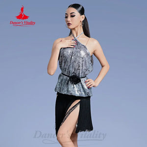 Women's Silver Sequin Halter Top & Black Fringe Latin Dance Skirt Set