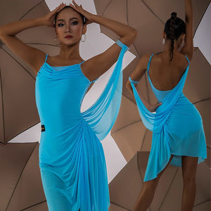 Women's Blue Ruched Draped Mesh Latin Dance Dress