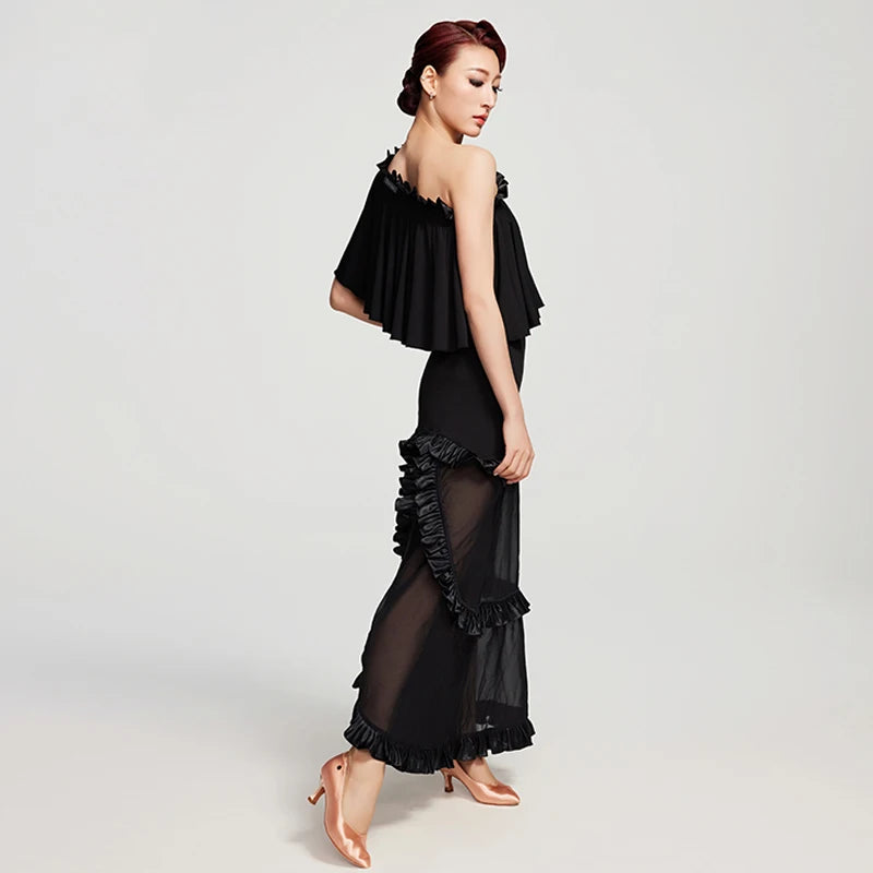 Women's Black One-Shoulder Ruffle Chiffon Tiered Latin Ballroom Dance Dress