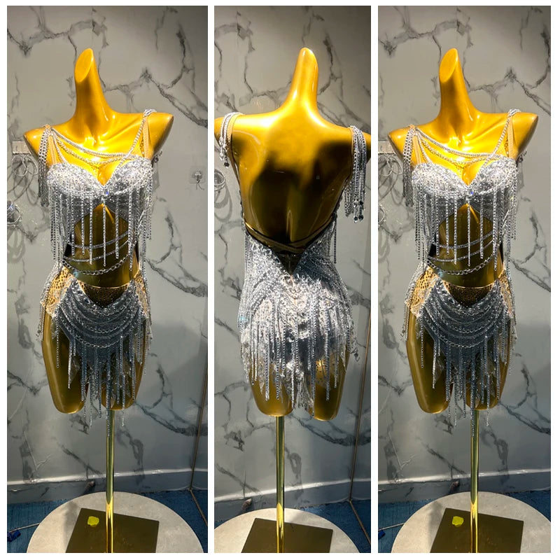 Latin Dance Dress Women Silver Rhinestone Chain Fringe Backless Mini Dress