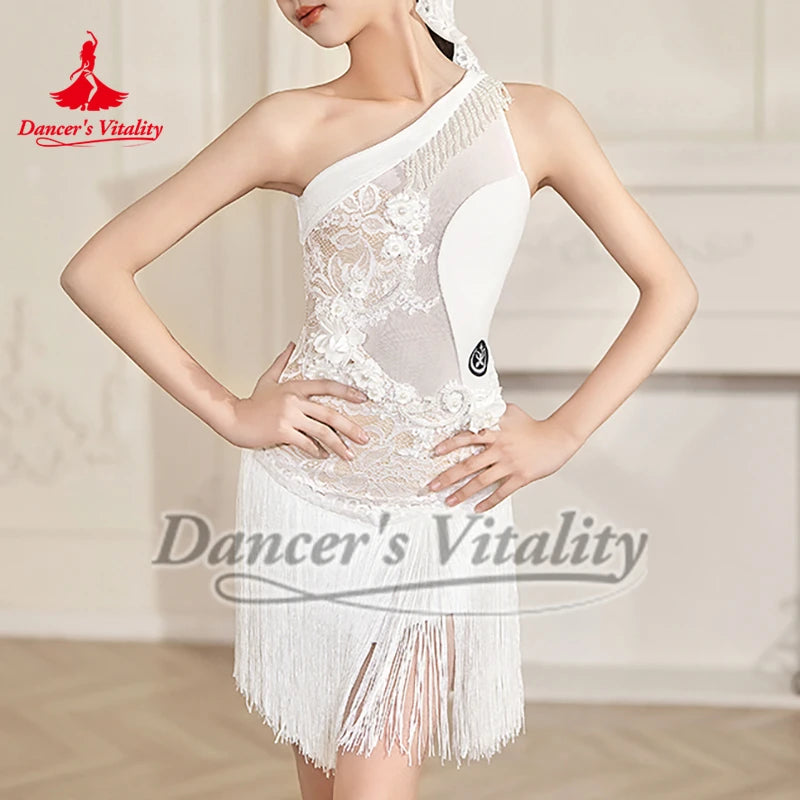 Latin Dance Dress, Girls Black One Shoulder Lace Fringe Velvet Ballroom Competition Costume