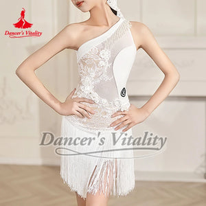 Latin Dance Dress, Girls Black One Shoulder Lace Fringe Velvet Ballroom Competition Costume