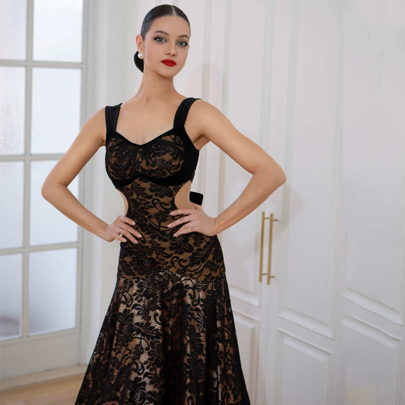 Women's Black Lace Cut-Out Ballroom Dance Dress with Gold Lining