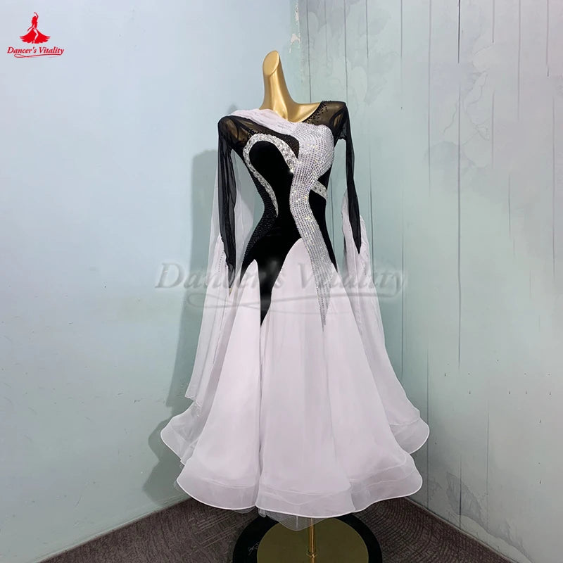 Adult Black White Standard Ballroom Dance Big Swing Dresses Customized Women Waltz Foxtrot Tango Quickstep Costume