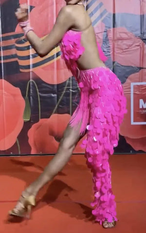 Women's Pink Fringe & Sequin Latin Dance Dress with Long Sleeves