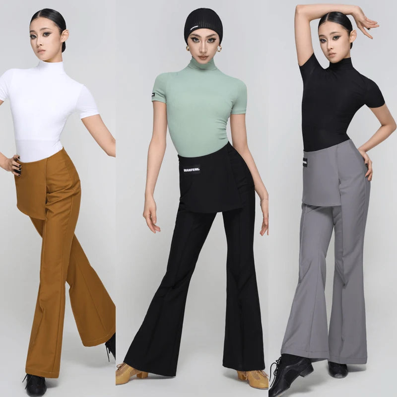 Women's White, Light Green, Black, and Gray Short Sleeve Mock Neck Dance Top with Flared Dance Pants