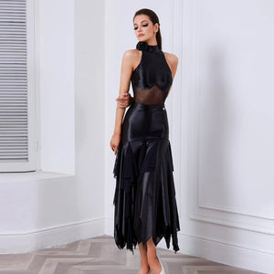 Women's Black Mesh & Satin Halterneck Latin Rhythm Ballroom Dance Dress with Ruffled Skirt