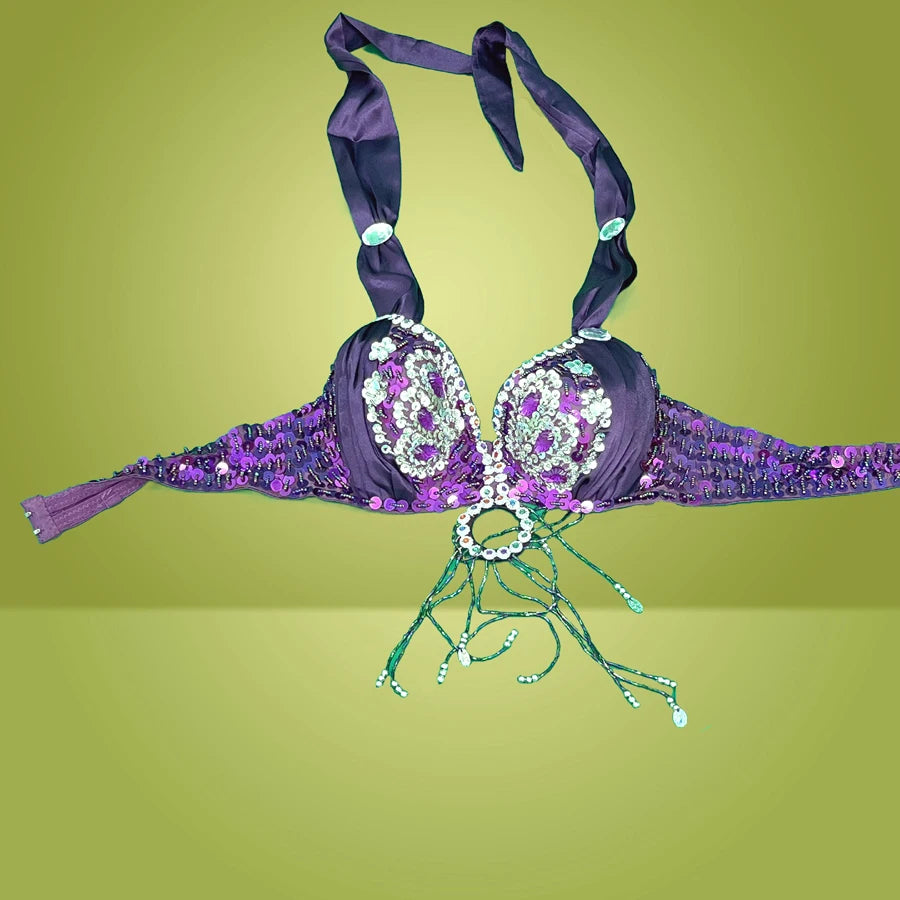 Belly Dance Bra Top, Women's Red Sequin & Beaded Halter Top with Fringe, Belly Dancing Costume