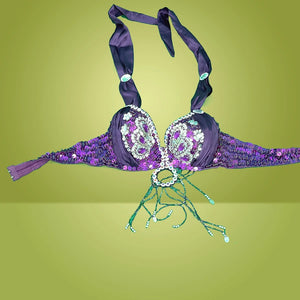 Belly Dance Bra Top, Women's Red Sequin & Beaded Halter Top with Fringe, Belly Dancing Costume