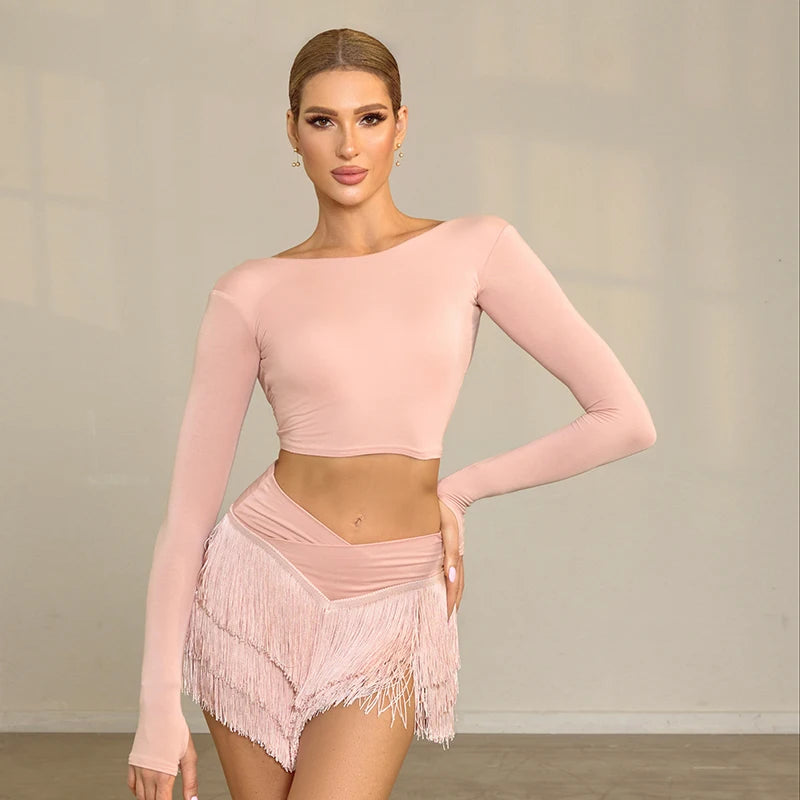 Women's Pink Long Sleeve Crop Top & Fringe Skirt Latin Dancewear Set
