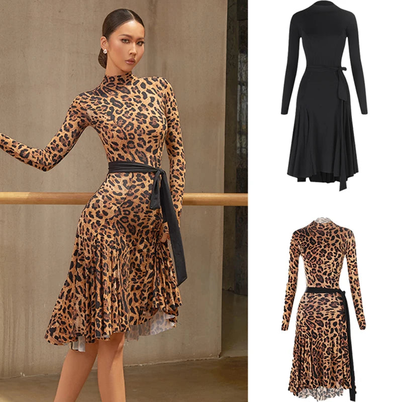 Women's Leopard Print Long Sleeve High Neck Latin Dance Dress with Black Tie-Waist, Asymmetrical Hem